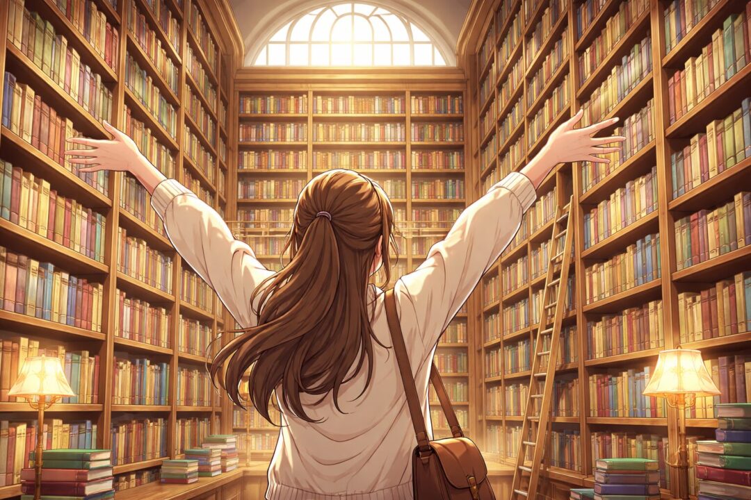 図書館で喜ぶ人物の画像