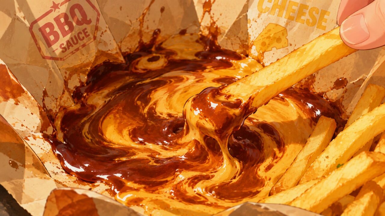 和風バーベキューソースとチーズが混ざるところに、ポテトをディップするイメージ画像